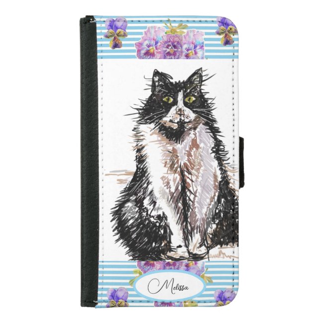 Tuxedo Cat Black and White Cats Girls Blue Floral Samsung Galaxy Wallet Case (Front)