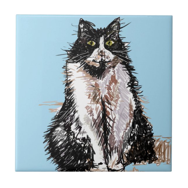 Tuxedo Cat Black and White Cats Happy Tile (Front)