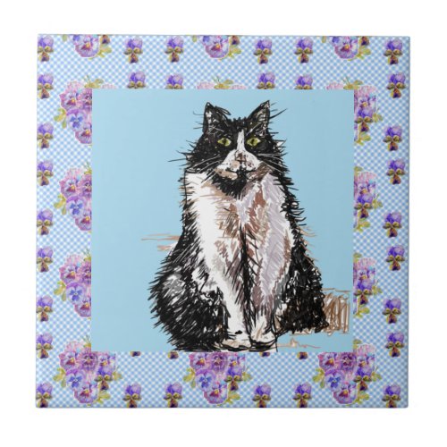 Tuxedo Cat Black and White Cats Happy Tile