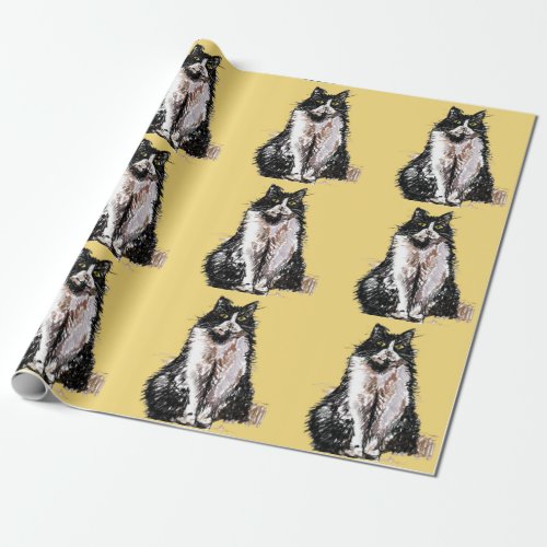 Tuxedo Cat Black and White Cats Yellow Lovers Wrapping Paper