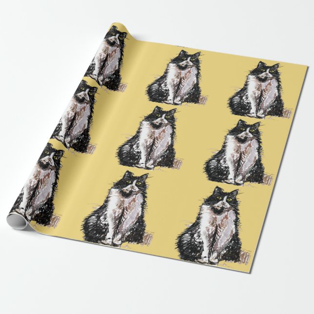 Tuxedo Cat Black and White Cats Yellow Lovers Wrapping Paper (Unrolled)