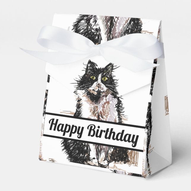 Tuxedo Cat Black Birthday Cats Cake Favor Box (Front Side)