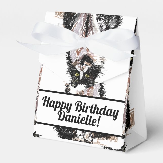 Tuxedo Cat Black Birthday Cats Cake Favor Box (Front Side)