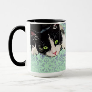 Tuxedo Cat & Black Cat on Damask Print Mug