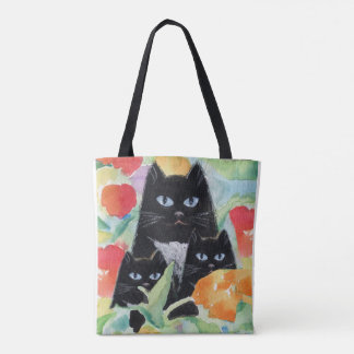 Tuxedo Cat & Black Kittens in Watercolor Poppies Tote Bag