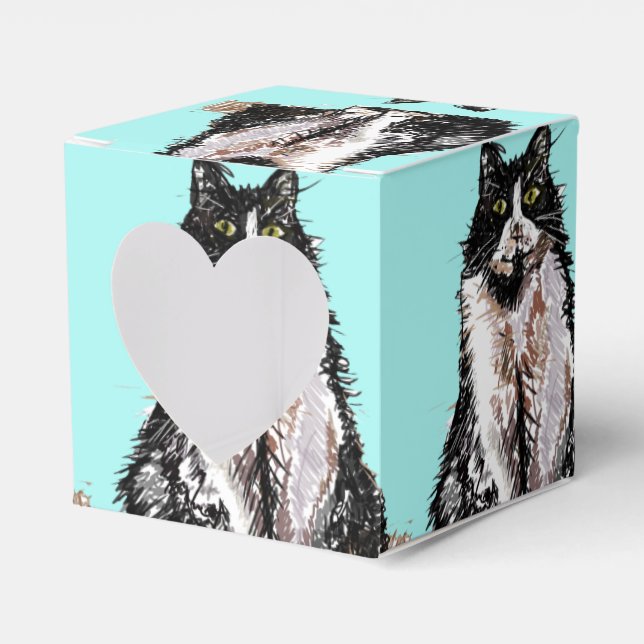 Tuxedo Cat Black White Cats Birthday Turquoise  Favor Boxes (Front Side)