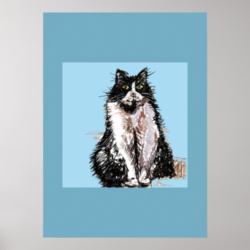 Tuxedo Cat Black White Cats Blue Poster