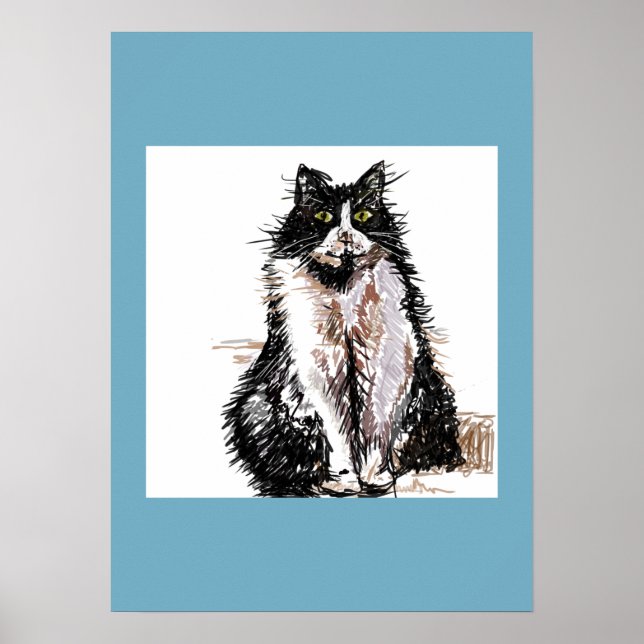 Tuxedo Cat Black White Cats Blue Poster (Front)