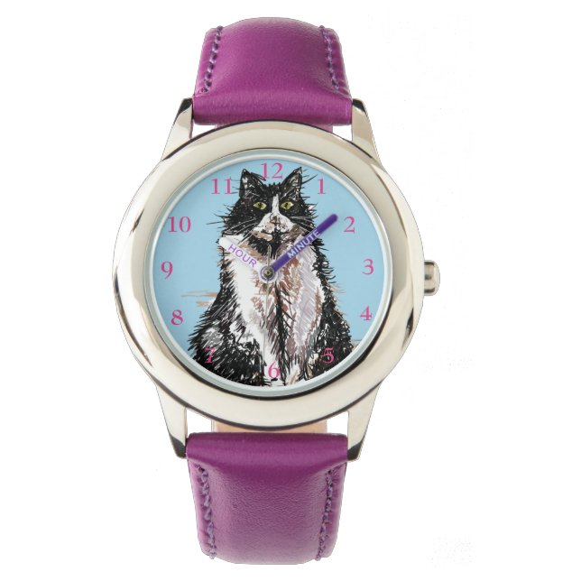 Tuxedo Cat Black White Cats Cute Pet Pink Girls Watch (Front)