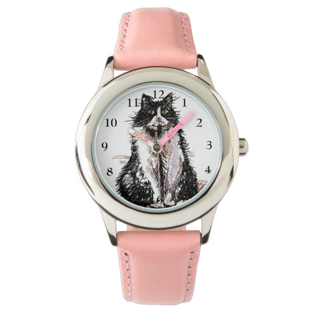 Tuxedo Cat Black White Cats Cute Pet Pink Girls Watch (Front)