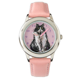 Tuxedo Cat Black White Cats Cute Pink Girls Watch
