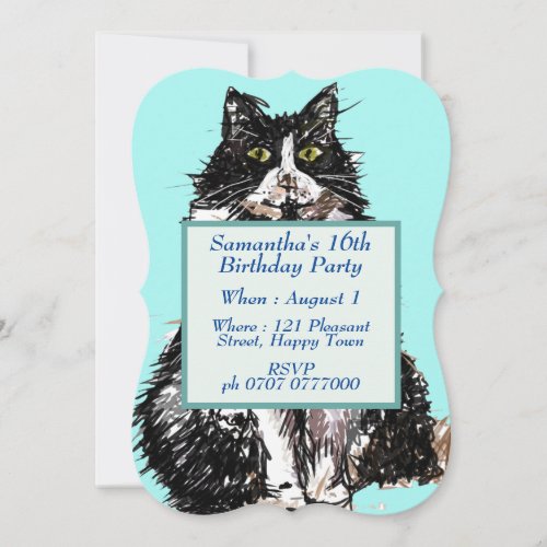 Tuxedo Cat Black White Cute Cats 16th Birthday Invitation