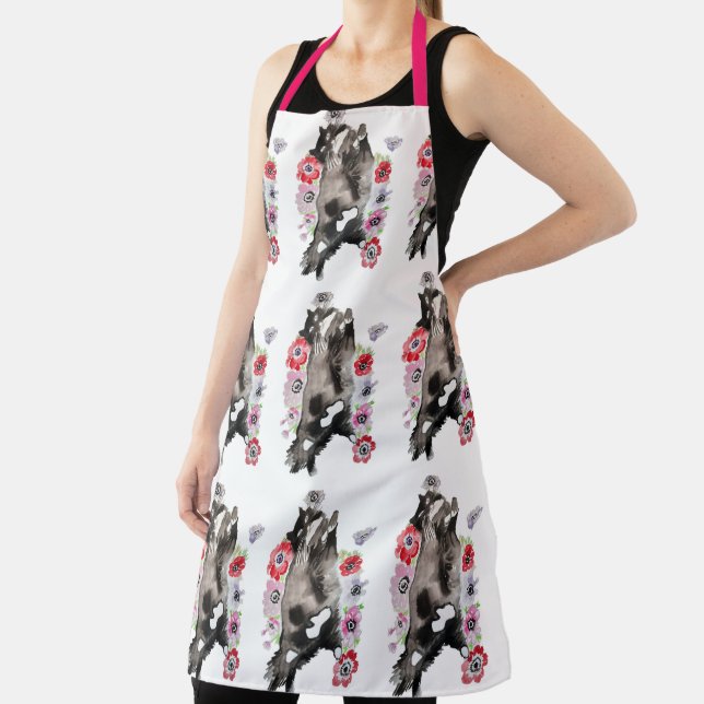 Tuxedo Cat Black White Funny Cute Cats Floral Apro Apron (Insitu)