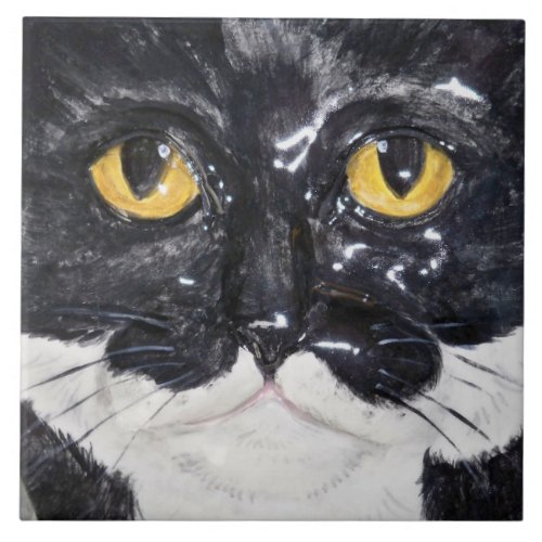 Tuxedo Cat Black White Unique Sculpted 3D Look Ceramic Tile