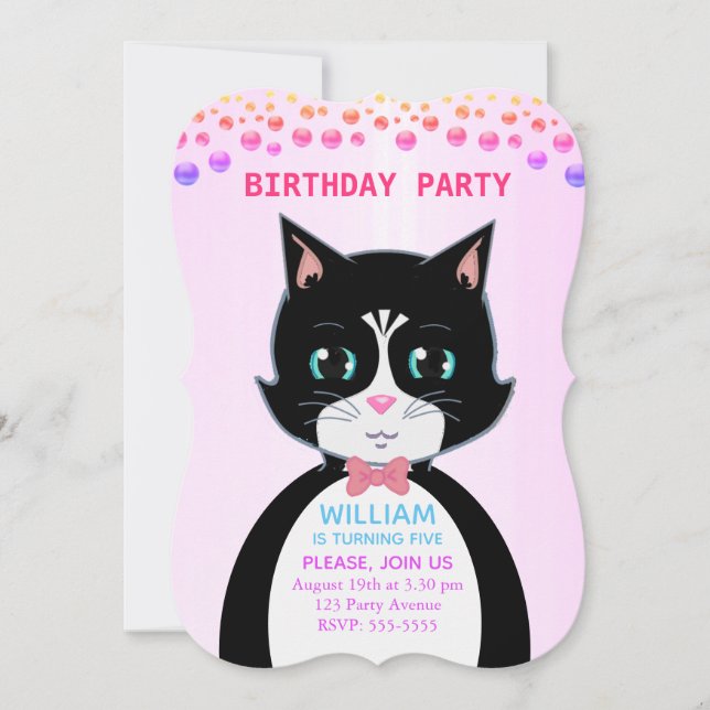 Tuxedo Cat Boy Birthday Party Invitation (Front)