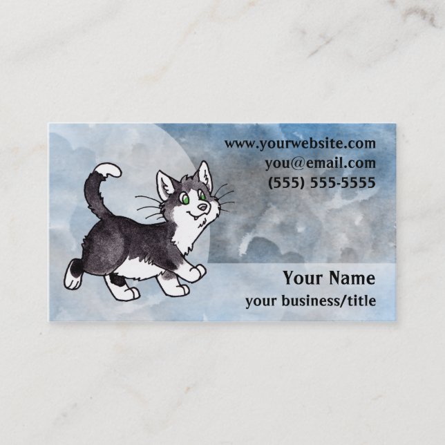 Tuxedo Cat Business Card - Blue and Gray (Front)