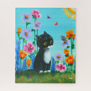 Tuxedo Cat Butterfly Art Jigsaw Puzzle