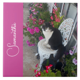 Tuxedo Cat Cats and Flowers Girls Name Dark Pink Ceramic Tile