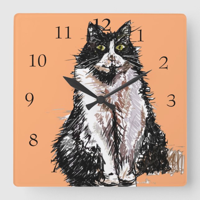 Tuxedo Cat Cats Art Animal Childs Nursery Room Squ Square Wall Clock (Front)