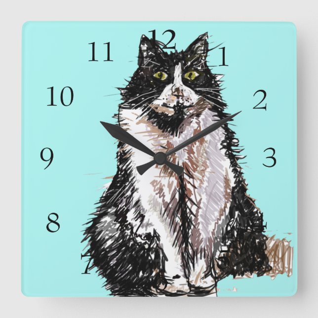 Tuxedo Cat Cats Art Animal Childs Nursery Room Squ Square Wall Clock (Front)