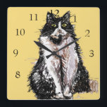 Tuxedo Cat Cats Art Animal Childs Nursery Room Square Wall Clock<br><div class="desc">Tuxedo Cat Cats Art Animal Child's Nursery Room Decor Clock. Designed from my original ink drawing art.</div>