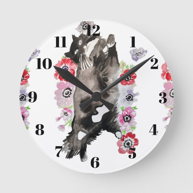Tuxedo Cat Cats Art Animal Childs Pink Round Clock (Front)