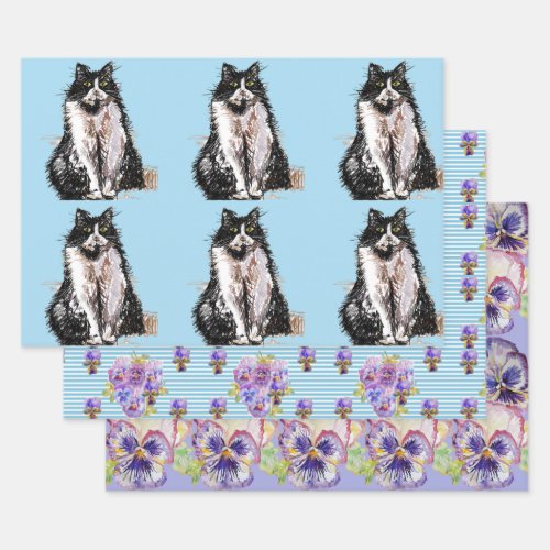 Tuxedo Cat Cats Blue flower Watercolor Painting Wrapping Paper Sheets