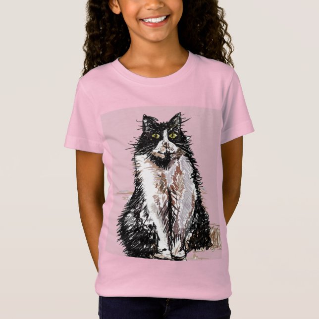 Tuxedo Cat cats cute Black and White Girls T-Shirt (Front)