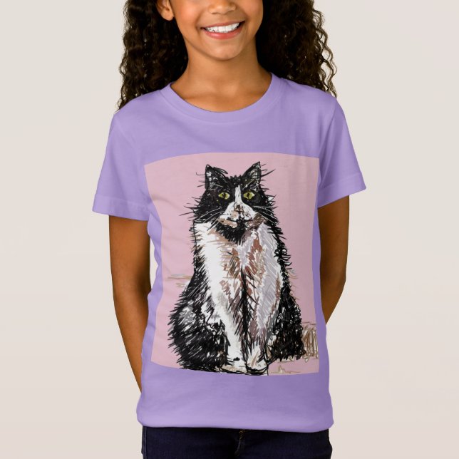 Tuxedo Cat cats cute Black and White Girls T-Shirt (Front)