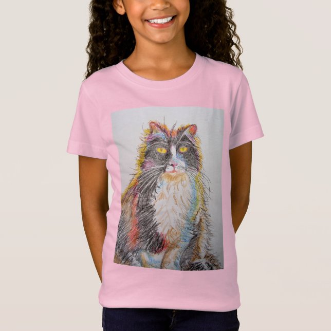 Tuxedo Cat cats cute Pencil Drawing Girls T Shirt (Front)