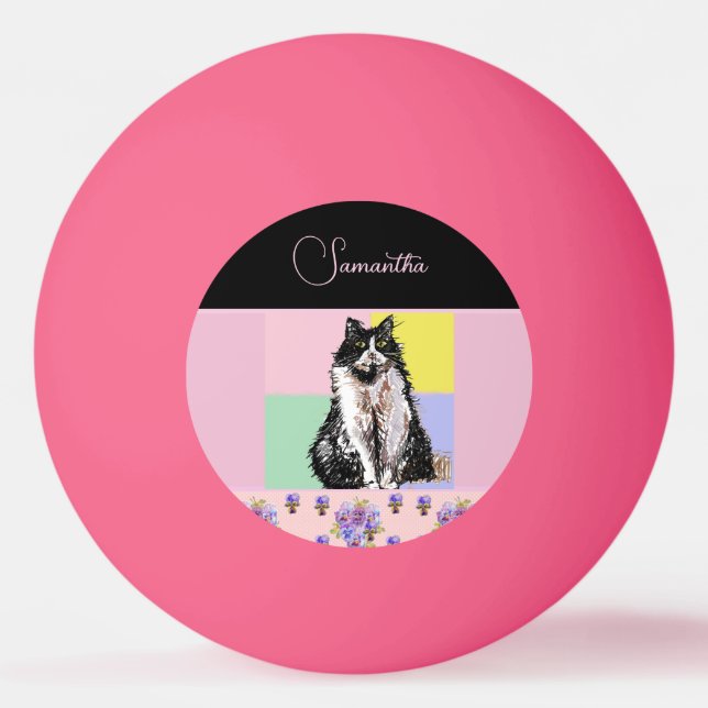 Tuxedo Cat Cats Pastel Pink Girls Customizable Ping Pong Ball (Front)