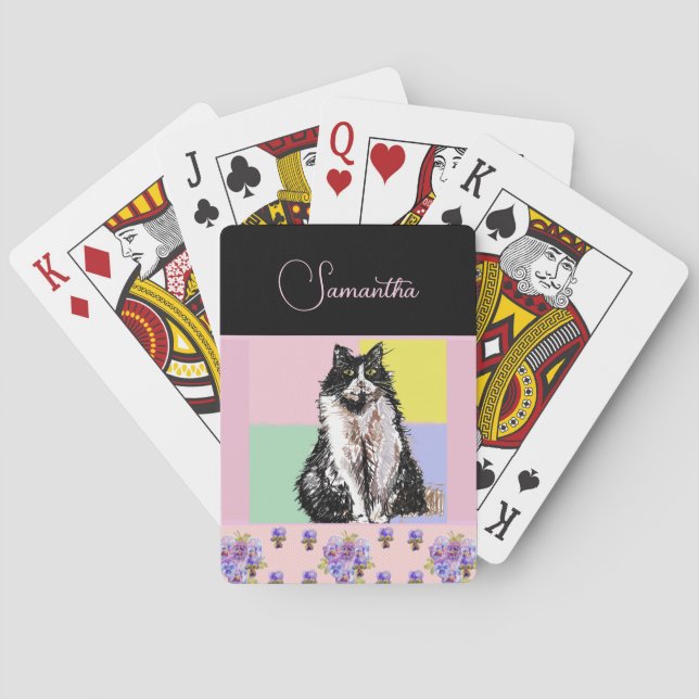Tuxedo Cat Cats Pastel Pink Girls Customizable Poker Cards (Back)