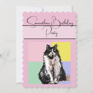 Tuxedo Cat Cats Pink Birthday Party Invitation