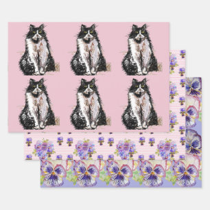 Tuxedo Cat Cats Pink flower Watercolor Painting Wrapping Paper Sheets