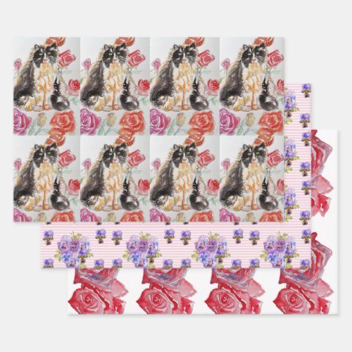 Tuxedo Cat Cats Pink flower Watercolor Painting Wrapping Paper Sheets