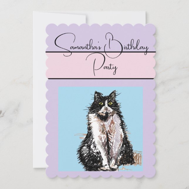 Tuxedo Cat Cats Purple Birthday Party Invitation (Front)