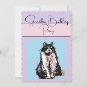 Tuxedo Cat Cats Purple Birthday Party Invitation