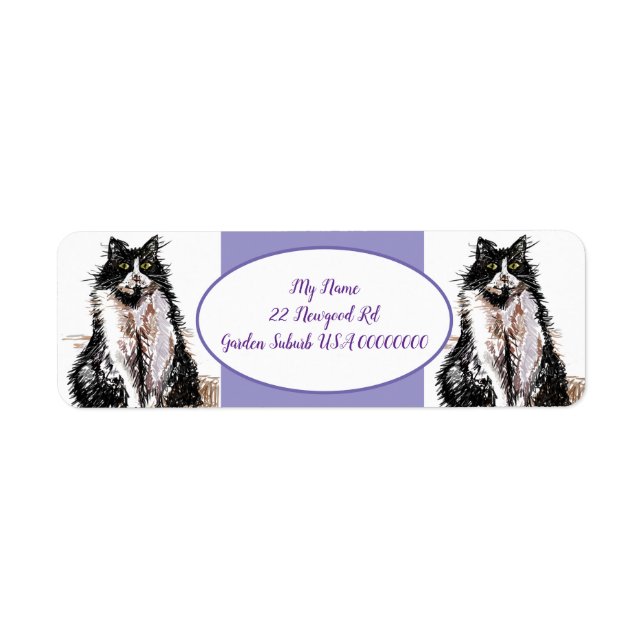 Tuxedo Cat Cats Purple Return Address Labels (Front)