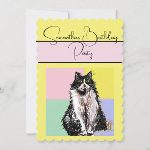 Tuxedo Cat Cats Yellow Birthday Party Invitation