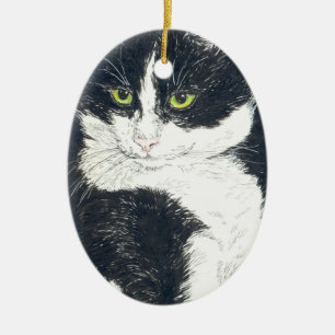 Tuxedo cat ceramic ornament