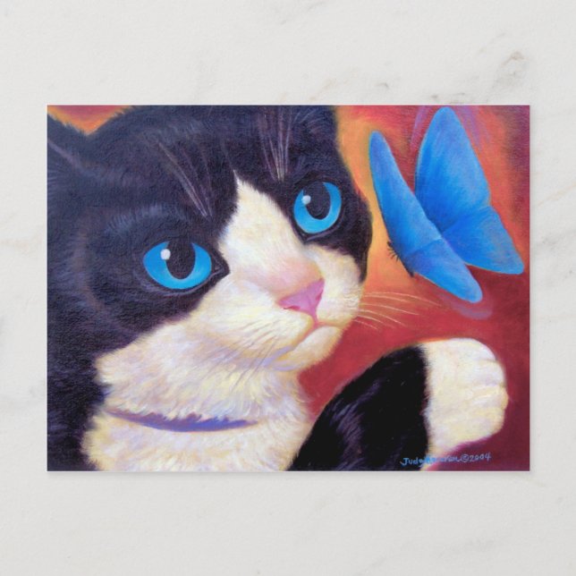 Tuxedo Cat Chasing Butterfly Painting Postcard (Front)