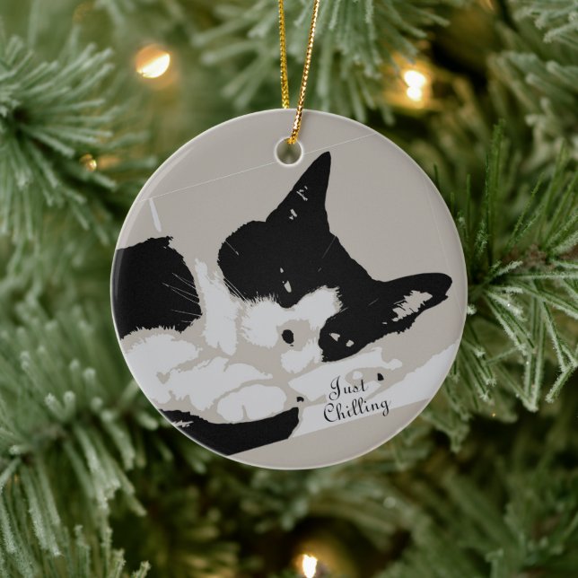 Tuxedo Cat Chilling Ceramic Ornament (Tree)