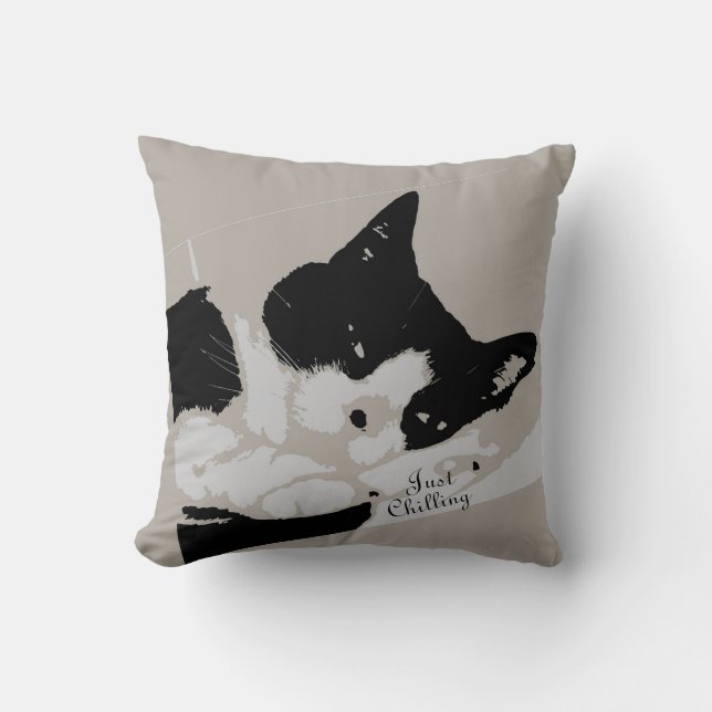 Tuxedo Cat Chilling Throw Pillow (Front)