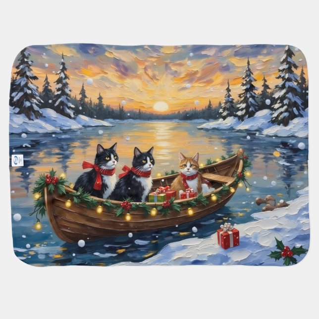 Tuxedo Cat Christmas Boat Holiday Baby Blanket (Back Horizontal)