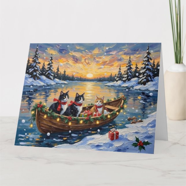 Tuxedo Cat Christmas Boat Holiday Card (Front)