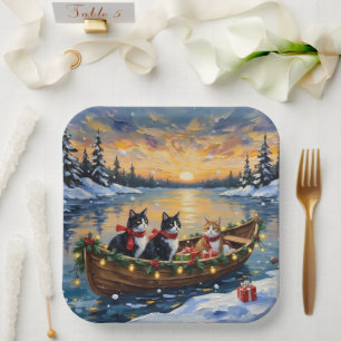 Tuxedo Cat Christmas Boat Holiday Paper Plates