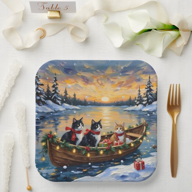 Tuxedo Cat Christmas Boat Holiday Paper Plates (Wedding)