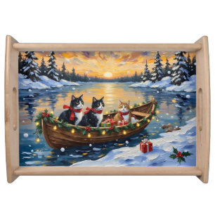Tuxedo Cat Christmas Boat Holiday Serving Tray