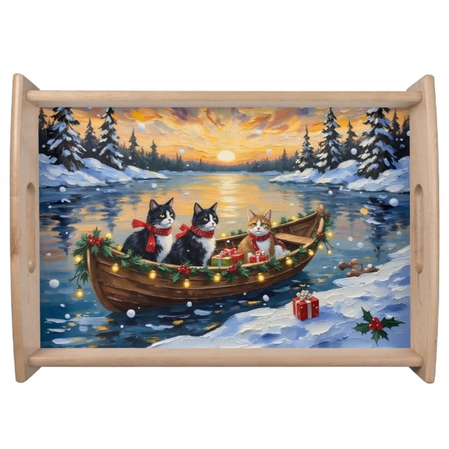 Tuxedo Cat Christmas Boat Holiday Serving Tray (Front)