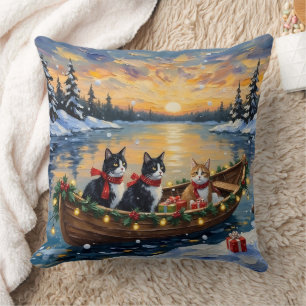 Tuxedo Cat Christmas Boat Holiday Throw Pillow